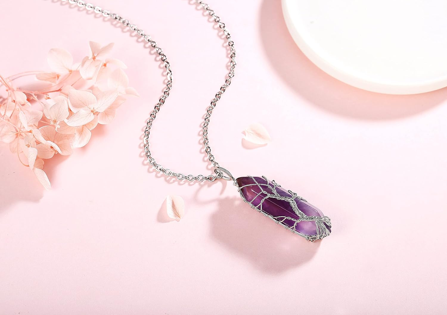 Tree of Life Wire Wrapped Natural Spiritual Hexagonal Gemstone Quartz Necklace Amethyst Reiki Healing Crystal Stone Point Pendant Necklaces Jewelry for Women - Image 2