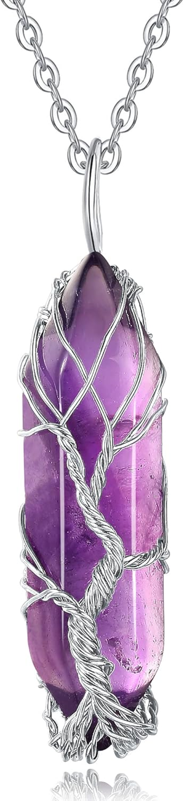 Tree of Life Wire Wrapped Natural Spiritual Hexagonal Gemstone Quartz Necklace Amethyst Reiki Healing Crystal Stone Point Pendant Necklaces Jewelry for Women