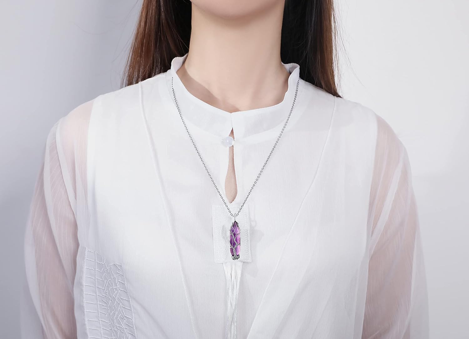 Tree of Life Wire Wrapped Natural Spiritual Hexagonal Gemstone Quartz Necklace Amethyst Reiki Healing Crystal Stone Point Pendant Necklaces Jewelry for Women - Image 5