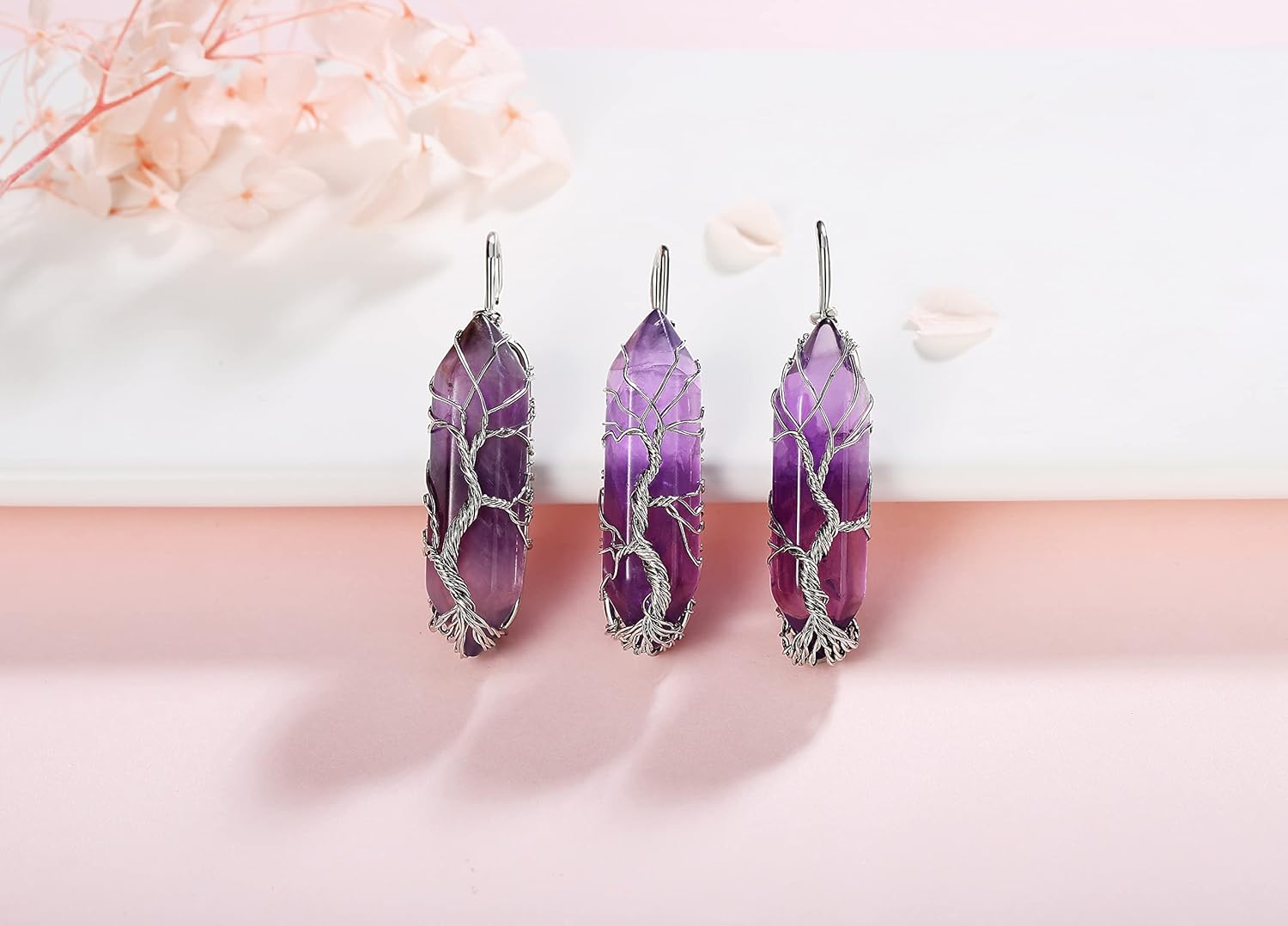 Tree of Life Wire Wrapped Natural Spiritual Hexagonal Gemstone Quartz Necklace Amethyst Reiki Healing Crystal Stone Point Pendant Necklaces Jewelry for Women - Image 3